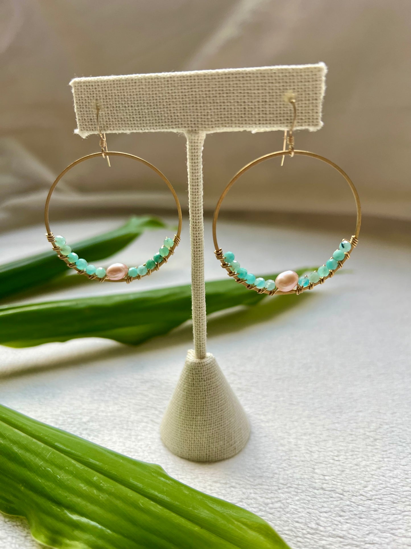 Keleawe Hoops in Amazonite & Pearl