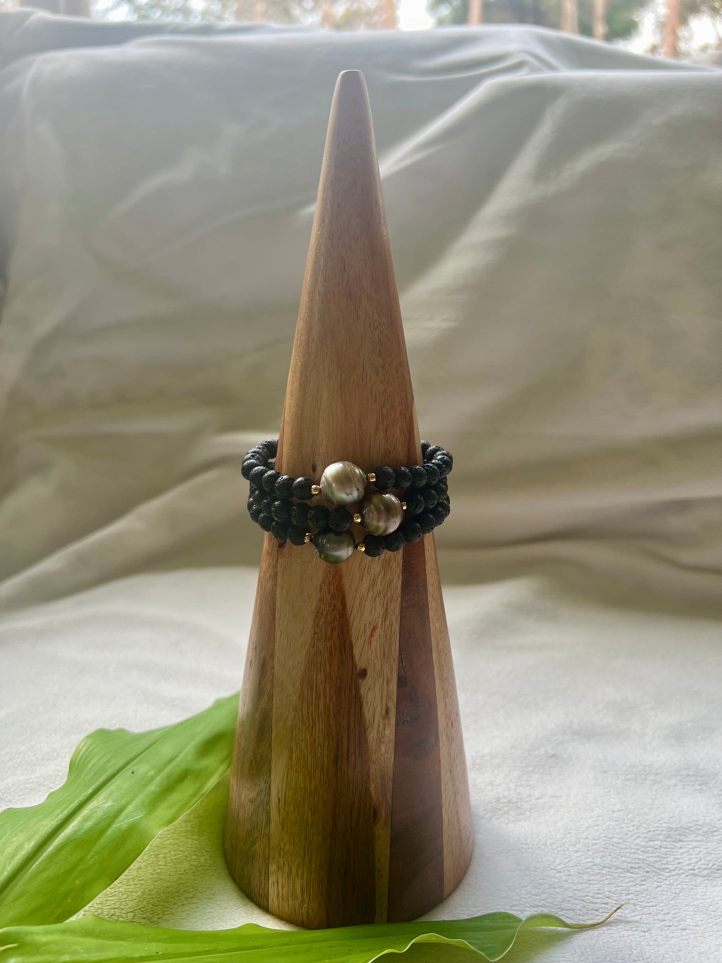 Tahitian Pearl & Lava Stone Stretchy Bracelet