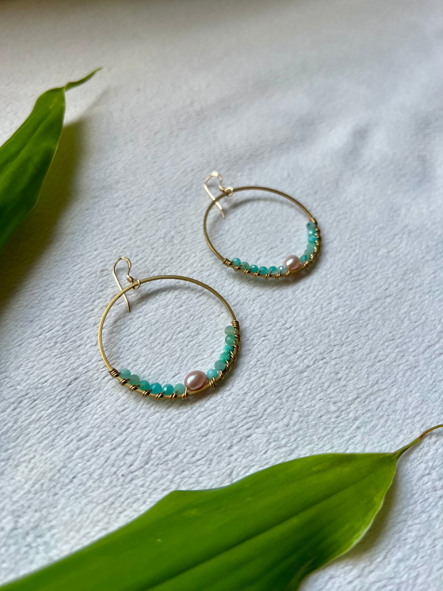 Keleawe Hoops in Amazonite & Pearl